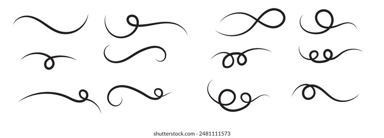 Set of Swoosh and swoop underline typography tails shape in flat styles. Swoosh line vector, underline swish, stroke swash swirl, Brush drawn curved smear. Hand drawn curly swishes, swash, twiddle.