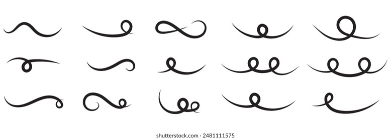 Set of Swoosh and swoop underline typography tails shape in flat styles. Swoosh line vector, underline swish, stroke swash swirl, Brush drawn curved smear. Hand drawn curly swishes, swash, twiddle.