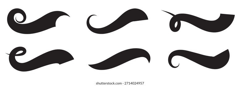  Conjunto de Swoosh y swoop subrayan la forma de las colas de la tipografía en estilos planos. Frotis curvo dibujado con pincel. Dibujados a mano, swash, twiddle. Vectores de caligrafía doodle remolino sobre fondo blanco.Vecto
