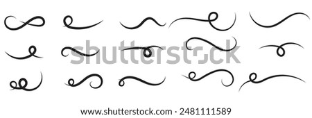 Set of Swoosh and swoop underline typography tails shape in flat styles. Swoosh line vector, underline swish, stroke swash swirl, Brush drawn curved smear. Hand drawn curly swishes, swash, twiddle.
