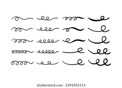 Set of Swoosh and swoops underline typography tail shapes. Brush drawn thick curved smear. Hand drawn curly swish, swash, squiggle, twiddle. Vector calligraphy doodle swirl. Vector Underlined icon