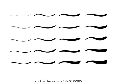 Set of Swoosh and swoops underline typography tail shapes. Brush drawn thick curved smear. Hand drawn curly swish, swash, squiggle, twiddle. Vector calligraphy doodle swirl. Vector Underlined icon