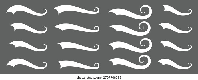 Satz von Swoosh-Vektorgrafiken. Kalligrafie-Wirbel. Swoop unterstreichen Typografie Schwänze Form in flachen Stilen. Handgezeichnete Swoosh Elemente, Satz von Bändern. Markieren Sie Textelemente. Handgezeichnete Swoosh-Elemente. 
