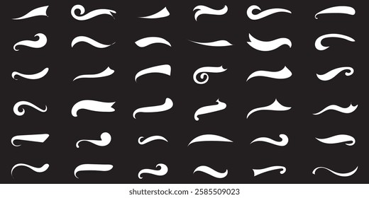 A set Swooshes text tails for baseball design. Sports swash underline shapes set in retro style. Swish typography font elements for athletics, baseball, football decoration. Black swirl vector line.