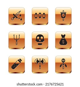 Set Sword with blood, Bottle potion, Medieval poleaxe, Skull, Neptune Trident, Pirate flag, Magic staff and Bullet icon. Vector