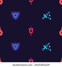Set Sword with blood, Shield, Pirate flag and Bottle potion on seamless pattern. Vector