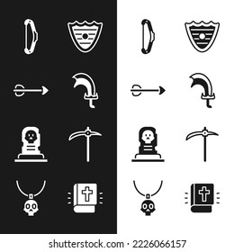 Set Sword for game, Arrow, Medieval bow, Shield, Grave with tombstone, Pickaxe, Holy bible book and Necklace amulet icon. Vector
