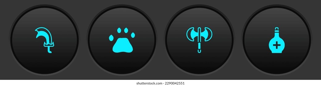 Establece la espada para el juego, la huella de la garra del oso, la poleaxia medieval y la botella con el icono de la poción. Vector