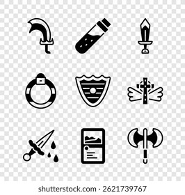 Set Sword for game, Bottle with potion, blood, Card collection, Medieval poleaxe, Magic stone ring and Shield icon. Vector