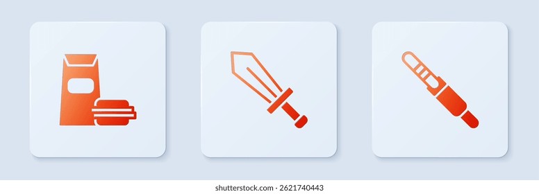 Set Sword for game, Burger and Audio jack. White square button. Vector