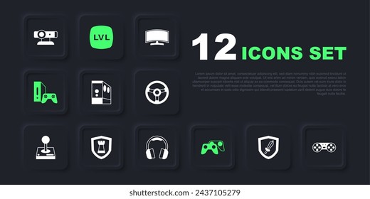 Set Sword for game, Game controller joystick, Case of computer, console with, Chess shield, Level and Headphones icon. Vector