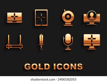 Establece Sword para el juego, Crea la pantalla de cuenta, Monitor de ordenador, Micrófono, Señal de enrutador y wi-fi, cámara web, icono de Laptop y Tablet. Vector