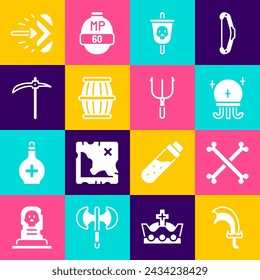 Set Sword for game, Crossed human bones, Magic ball, Pirate flag, Gun powder barrel, Pickaxe, arrow and Neptune Trident icon. Vector