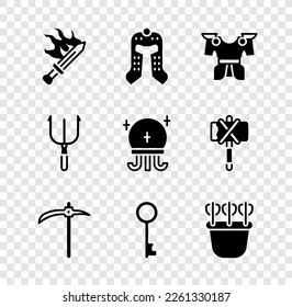 Set Schwert für Spiel, mittelalterlicher Helm, Körperpanzer, Pickaxe, Alter Schlüssel, Quiver mit Pfeilen, Neptun Trident und Magic Ball Symbol. Vektorgrafik