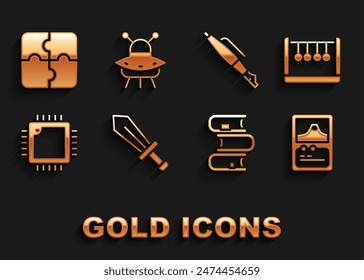 Set Sword for game, Pendulum, Card, Book, Processor with CPU, Fountain pen nib, Piece of puzzle and UFO flying spaceship icon. Vector
