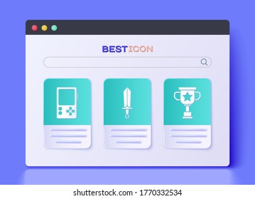 Set Sword for game, Portable video game console and Award cup icon. Vector