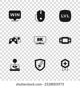 Video Establecer espada para el juego, consola portátil, clasificación del juego con medalla, monitor de computadora, nivel, medalla, ratón y joystick icono de mando. Vector