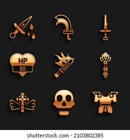 Set Sword for game, Skull, Body armor, Magic wand, Christian cross, Video bar, Dagger and with blood icon. Vector