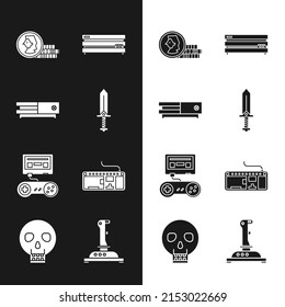 Set Sword for game, Video console, Coin, Game with joystick, Computer keyboard, Joystick arcade machine and Skull icon. Vector