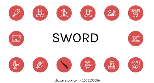 Set of sword icons. Such as Weapon, Military, Sword, Pirate, Catapult, Armor, Medieval,  Katana, Throne, Treasure , sword icons
