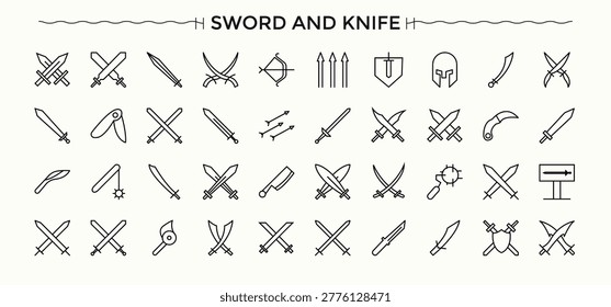 Set of Sword And Knife line icon. Containing knife, battle, weapon, medieval, war and more. Minimalist icons pack. Battle modern icon set. Editable vector art and illustration.