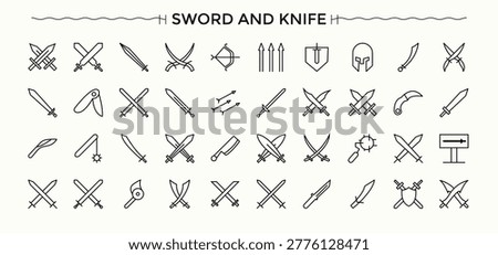 Set of Sword And Knife line icon. Containing knife, battle, weapon, medieval, war and more. Minimalist icons pack. Battle modern icon set. Editable vector art and illustration.