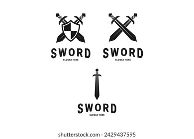 conjunto de silueta de diseño de logotipo de espada con escudo