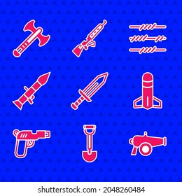 Set Sword, Sapper shovel, Cannon, Rocket, Pistol gun, launcher, Barbed wire and War axe icon. Vector