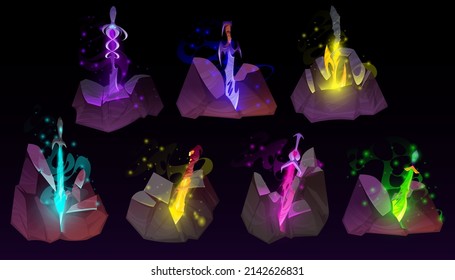 Juego de espada en piedra, arma de Arthur rey excalibur pegada en la roca. Juego medieval. Alquimia o cuchillas de acero mágico con chispas brillantes, leyenda del camello o elementos de diseño de mitos, ilustración vectorial de dibujos animados
