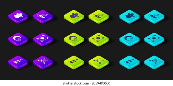 Set Sword in the stone, Crossed medieval sword, Moon and stars, Ancient magic book, Magic and Ghost icon. Vector