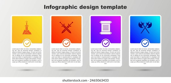 Espada en la piedra, espada medieval cruzada, decreto, pergamino, pergamino y hachas. Plantilla de infografía de negocios. Vector