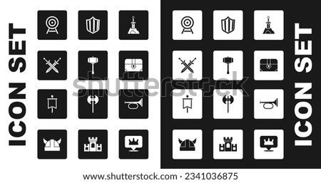 Set Sword in the stone, Hammer, Crossed medieval sword, Target with arrow, Antique treasure chest, Shield, Trumpet and Medieval flag icon. Vector