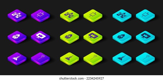 Sitúe Sword en la piedra, el personal mágico, la torre del castillo, la corona del rey de la ubicación, la bandera medieval y el castillo, el icono de la fortaleza. Vector