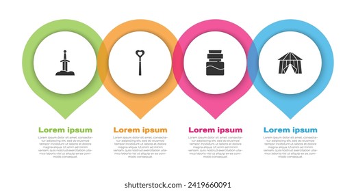 Set Sword in the stone, Magic wand, Bottle with potion and Circus tent. Business infographic template. Vector
