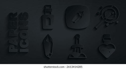 Set Sword in the stone, Magic wand, Bottle with potion,  and  icon. Vector