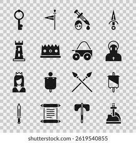 Set Sword in the stone, Medieval flag, Monk, with blood, King crown, Castle tower, Old key and Wooden four-wheel cart icon. Vector