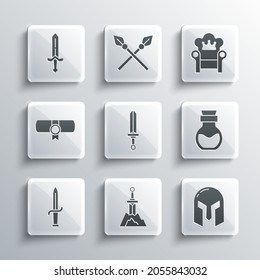 Set Sword in the stone, Medieval iron helmet, Poison bottle, sword, Dagger, Decree, parchment, scroll,  and throne icon. Vector