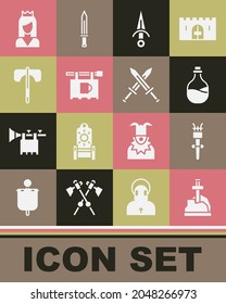 Coloca la espada en la piedra, la llama de la antorcha, la vieja botella de vino, la daga, la cartelera con bar, el hacha medieval, la princesa y el icono de la espada medieval cruzada. Vector