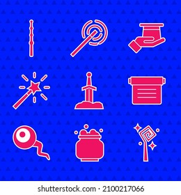 Ponga Sword en la piedra, Cauldron de Brujas, Personal Mágico, libro de magia antigua, Ojo, varita, mano de sombrero mago e ícono. Vector