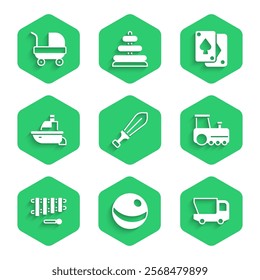 Set Sword toy, Beach ball, Toy truck, train, Xylophone, boat, Playing cards and Baby stroller icon. Vector