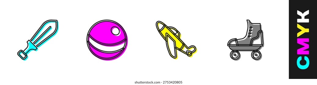 Set Sword toy, Beach ball, Toy plane and Roller skate icon. Vector