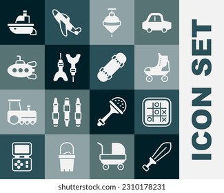 Set Sword toy, Tic tac toe game, Roller skate, Whirligig, Dart arrow, Submarine, Toy boat and Skateboard icon. Vector