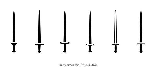 Set of sword vector icons. Long knight weapon. Medieval vintage sword.