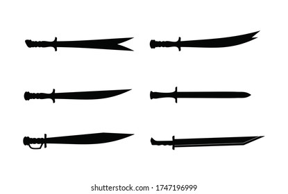 conjunto de silueta vectorial de espada, ilustración, símbolo guerrero aislado en blanco 