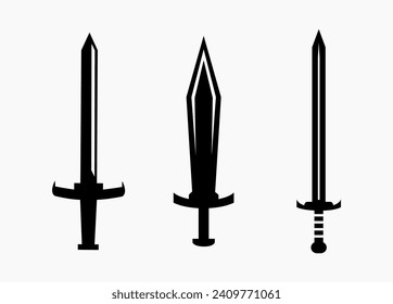 Set of swords isolated in white. Simple vector illustration of blade with 3 styles.