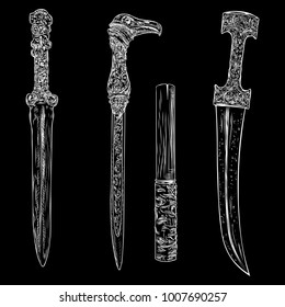 Set of Swords and knifes. Hand drawing vintage steel arms isolated. Vector.