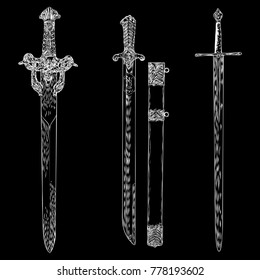 Set of Swords and knifes. Hand drawing vintage steel arms isolated. Vector.