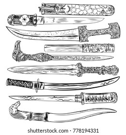 Set of Swords and knifes. Hand drawing vintage steel arms isolated. Vector.