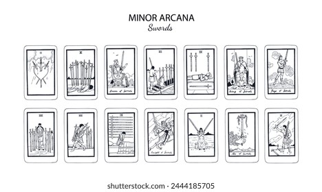 Juego de espadas en la baraja oculta de cartas de tarot. Diseños de arcanas menores engastados con signos y símbolos de As, Caballero, Rey, Reina, Página de Espadas en estilo moderno. Esbozo aislado grabado Ilustraciones vectoriales