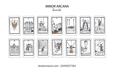 Set of Swords  in occult tarot cards deck. Minor arcanas designs set with Ace, Knight, King, Queen, Page of Swords signs and symbols in modern style. Isolated sketch engraved vector illustrations